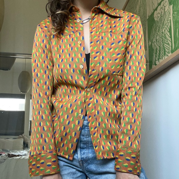 Vintage “Zorba” brand pear print button-up top with pointy collar - Picture 4 of 5